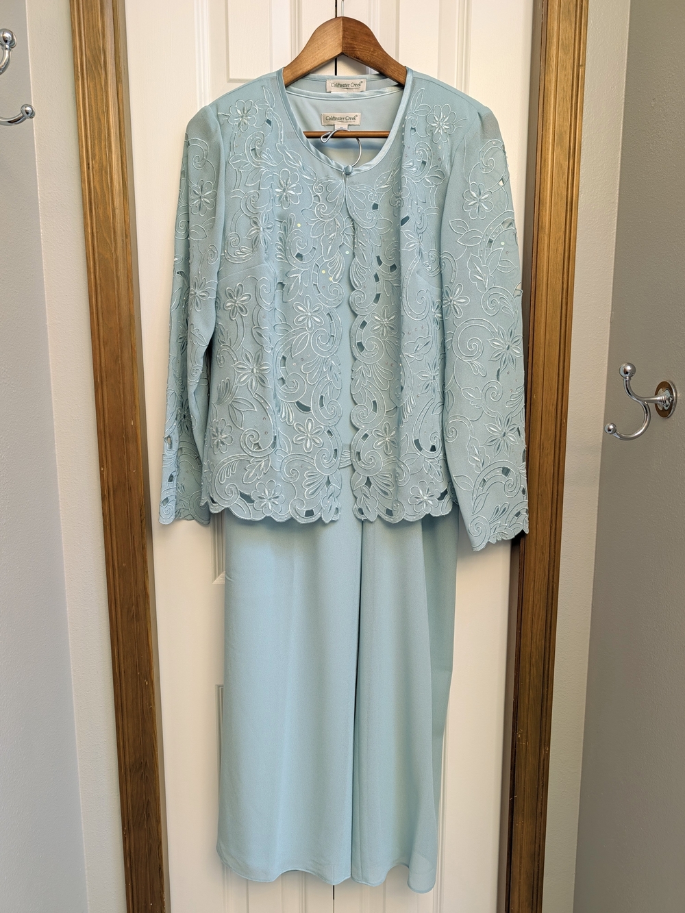NWT Coldwater Creek Seafoam Green Embroidered Three Piece Pantsuit Sz 10
